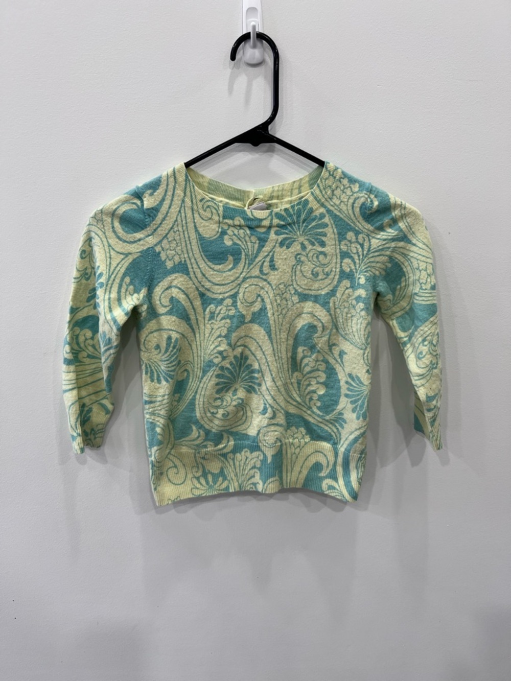 Mini Boden Girls Teal Paisley Knit Top Back Button Sweater Size 5-6Y Boho